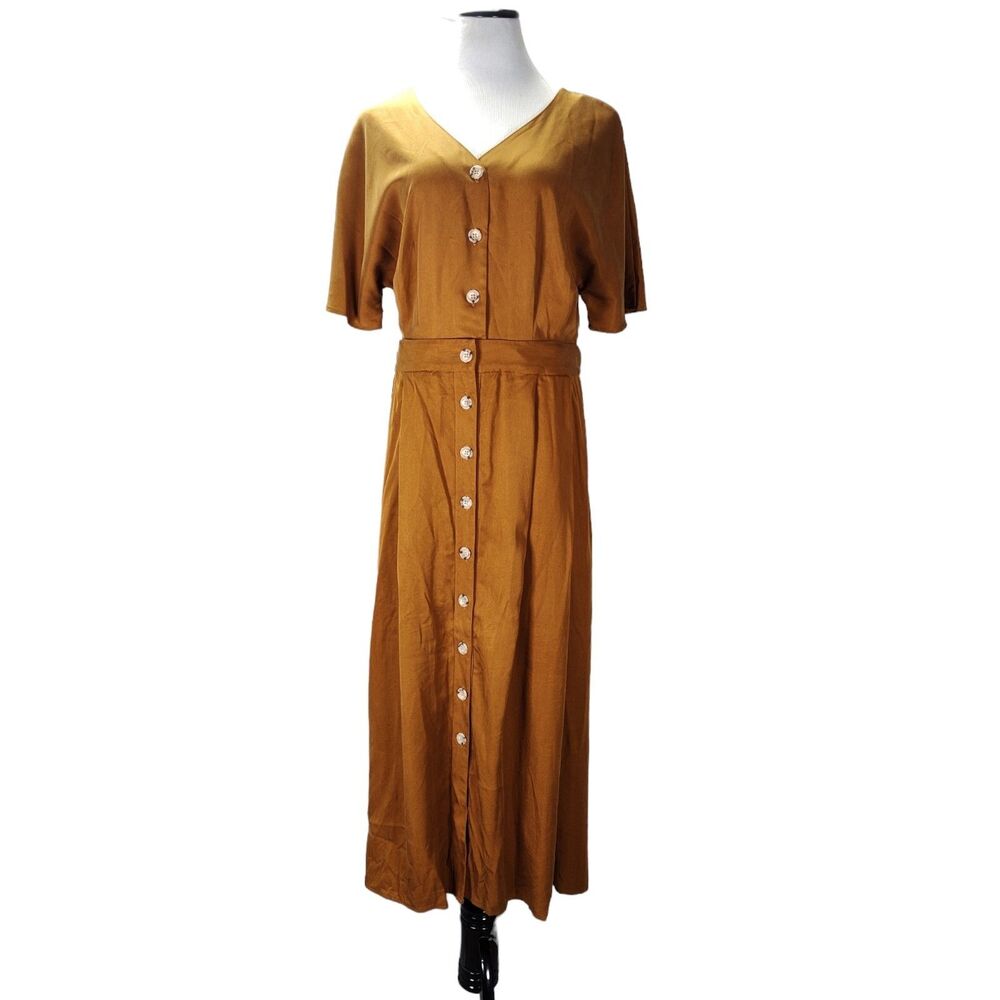 Vetta Capsule Two Piece Midi Dress Size 10 Gold Tencel Button Front Skirt